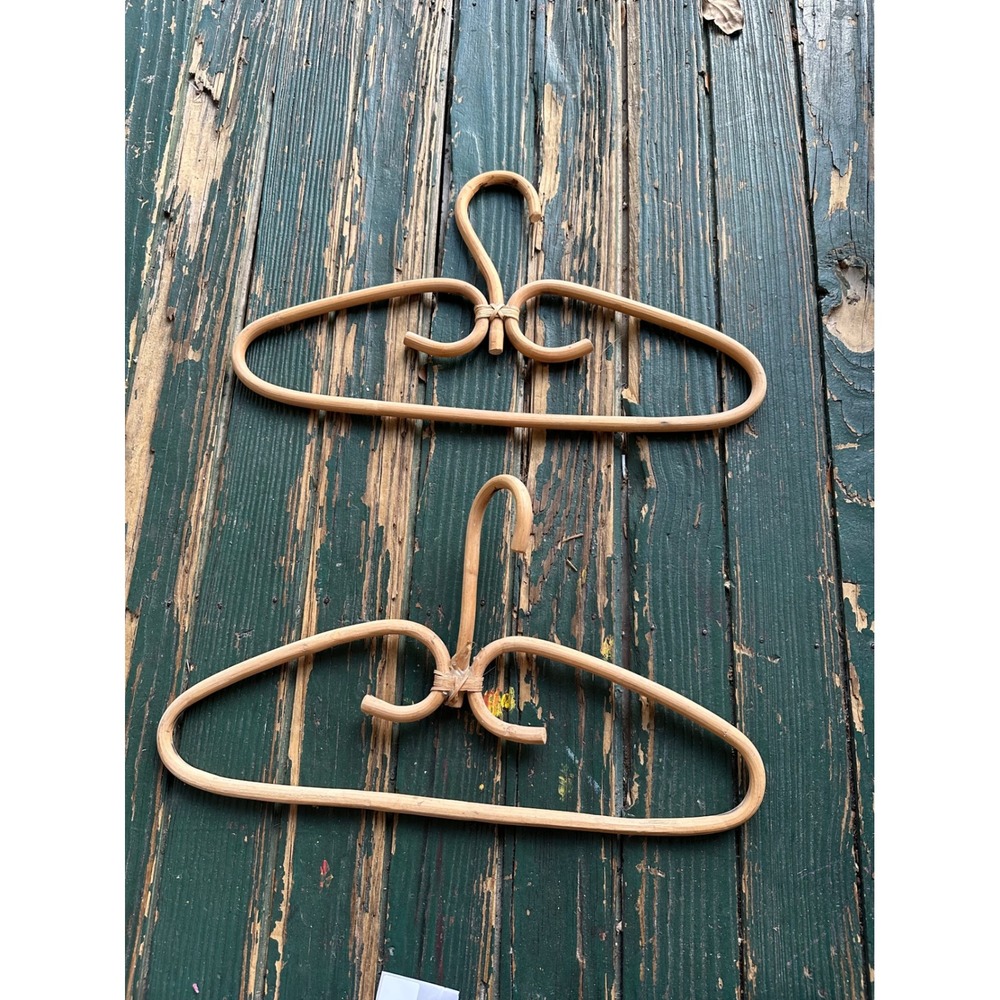 Vintage Rattan Wicker Clothes Hangers Set of 2 Boho Bentwood Natural Wood Decor